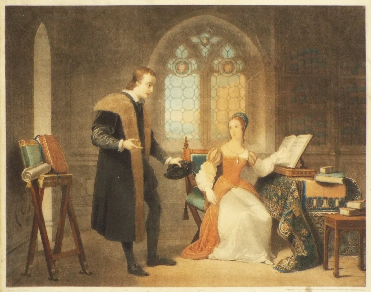 Mezzotint - Interview between Lady Jane Grey and Dr Roger Ascham in the Year 1550. - Say